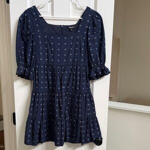 Madewell Navy Mini Dress with Puff Sleeves and White Ditsy Print